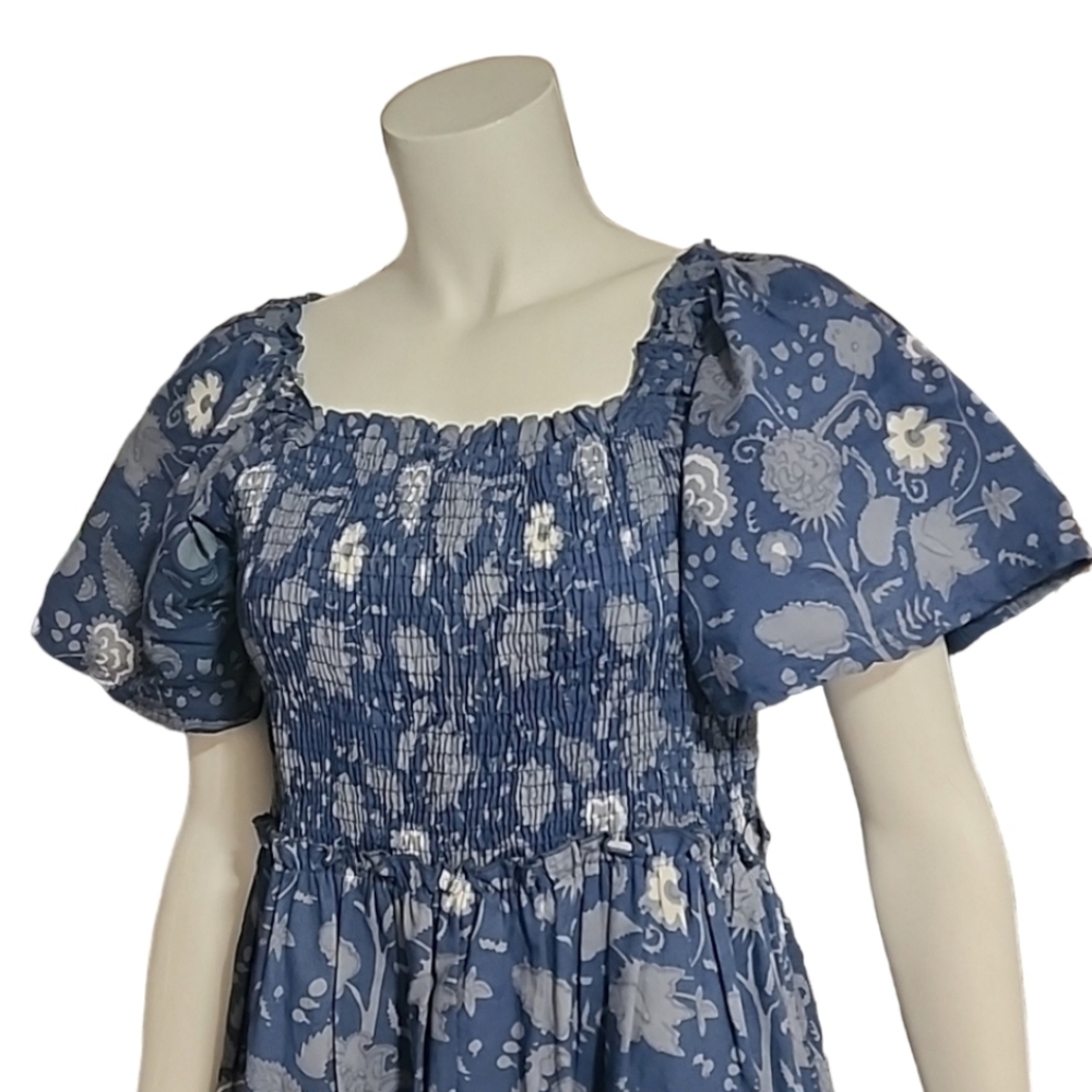 GRACE HOLIDAY Blue Chambray Floral Smocked Midi Dress L Tiered Boho Cottagecore - Picture 3 of 16